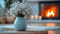 Fresh white baby's breath flowers in turquoise ceramic vase on textured mat, with soft candlelight and cozy fireplace creating romantic atmosphere in background.