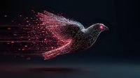 Digital art of glowing dove made of light particles and lines flying against dark background, with red and blue gradient effect creating motion trail and dispersion effect.