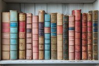 Vintage hardcover books in pastel pink, blue, and beige colors arranged on wooden shelf, showing aged spines with gold lettering and decorative bindings.