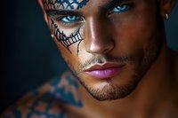 Young African American male model with creative sugar skull face paint makeup, bright blue contact lenses, and pink lipstick against dark background. Fashion portrait.