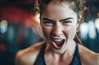 Young woman with freckles screaming in excitement during workout at gym, showing determination and intense emotion in fitness environment.