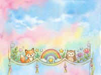 Watercolor nursery art with cute fox and owl on a rainbow banner, pastel sky background, stars and flowers for kids room decor.