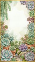 Watercolor succulent garden border frame with pastel echeveria, sedum, and cacti in terracotta pots, copy space center for text or design.