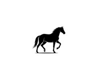 Black horse silhouette in dynamic galloping pose isolated on white background for logos, equestrian designs and decorative applications.