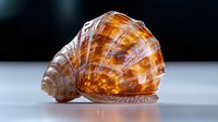 Luminous orange sea shell with spiral pattern glowing on white surface, natural light creating translucent amber effect against dark background.