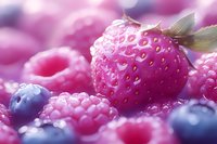 Fresh ripe strawberry, raspberries and blueberries with water drops in soft morning light, macro shot of mixed berries with selective focus.