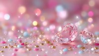Sparkling diamonds on pink glitter background with bokeh lights and golden particles creating romantic luxury atmosphere for jewelry presentation.