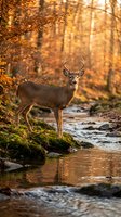 Male white-tailed deer with antlers standing by stream in autumn forest with golden foliage. Wildlife and nature photography.