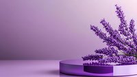 Minimalist purple product display podium with lavender sprigs on gradient background, modern elegant presentation platform for cosmetics and luxury items.
