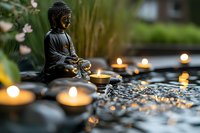 Serene Buddha statue beside tranquil water with glowing candles creating peaceful meditation atmosphere. Zen garden setting with stones and soft bokeh lighting effects.