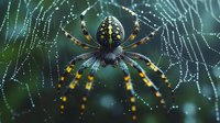 Garden spider with yellow markings on web covered in morning dew drops against green natural background, macro photography showing intricate details and patterns.