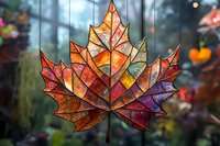 Stained glass maple leaf suncatcher with vibrant autumn colors of red, orange and yellow creates magical light effects against blurred natural background.
