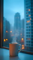 Steaming coffee mug on windowsill against blurred urban cityscape background with bokeh lights at dusk, creating cozy atmospheric mood in blue tones.