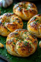 Fresh baked bagels topped with herbs, sesame and poppy seeds on dark background. Golden brown crust with vibrant green garnish creates appetizing contrast.