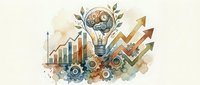 Creative business innovation concept with lightbulb brain, growth charts, gears and upward arrows on watercolor background for strategic planning presentations.