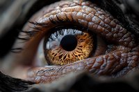 Extreme macro photography of brown human eye with detailed iris pattern, long eyelashes and textured skin visible in dramatic lighting conditions.