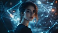 Young Caucasian woman with upswept hair against futuristic digital background with glowing blue lights and technology elements, dramatic cinematic lighting creates mood.