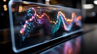 Futuristic holographic display showing colorful data visualization with flowing particle waves in modern tech environment for digital presentations.