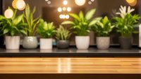 Blurred green plants in pots on shelf with warm lighting and wooden table surface in foreground for product display and commercial use.