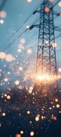 High voltage power line tower silhouette against blue sky with glowing bokeh lights and sparkles creating magical atmospheric evening scene.