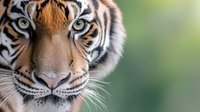 Close up portrait of majestic Bengal tiger face showing intense blue eyes, distinctive orange and black striped fur pattern, and detailed whiskers against blurred green background.
