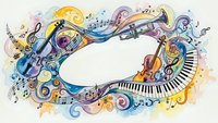 Colorful musical instruments frame with piano keys, violin, trumpet and saxophone creating decorative border with flowing musical notes and swirls.