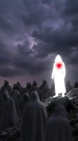 Glowing figure in white robe with red heart standing on rocky terrain amid dark hooded crowd under stormy sky, symbolizing hope, love, and spiritual awakening.