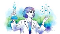 Female scientist in white lab coat conducting chemistry experiment with molecular structure and laboratory equipment on watercolor background.