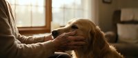 Senior person gently petting golden retriever dog in warm sunlit home interior showing companionship and care between elderly owner and loyal pet.