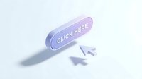 Glossy pastel purple click here button with cursor arrow on white background, modern UI element for web design and digital marketing.