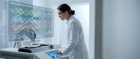 Female scientist in white lab coat analyzing DNA data on digital screen in modern laboratory for genetic research and biotechnology applications.