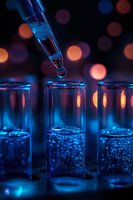 Laboratory pipette dropping liquid into test tubes with bubbling solutions under colorful bokeh lighting for scientific research and experimentation.