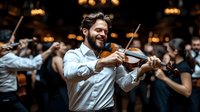 Passionate violinist performing at elegant evening event, wearing white dress shirt, playing with emotional expression against blurred background of orchestra and warm lights.