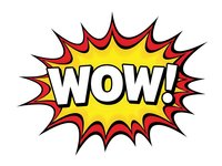 Comic book style WOW exclamation burst with yellow center and red spikes on white background. Pop art speech bubble for advertising and promotional materials.