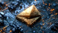 Golden cryptocurrency symbol on circuit board with glowing particles and bokeh effects in dark blue tech environment. Digital finance concept.