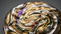 Luxurious golden swirls with purple and green accents create an abstract marbled pattern on reflective surface for premium design projects.