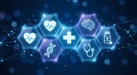 Digital healthcare technology concept with glowing hexagonal medical icons including heart rate, brain, DNA, cross, stethoscope and medicine bottle on dark blue background.