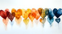 Colorful watercolor hearts in rainbow gradient arrangement from warm red to cool blue tones on white background, artistic romantic design element for greeting cards.