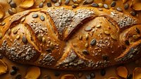 Fresh baked artisanal bread loaf with golden crust decorated with various seeds and grains on rustic wooden background in warm lighting.