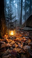 Vintage oil lantern glowing warmly among autumn leaves at forest campsite with tent, creating cozy outdoor adventure atmosphere in misty woodland setting.