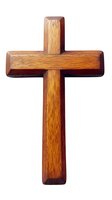 Simple wooden cross isolated on white background, crafted from natural brown wood with smooth finish and classic Christian design for religious concepts.