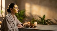 Young woman in bathrobe enjoying peaceful spa meditation with candles in wellness center for relaxation and self-care routine.