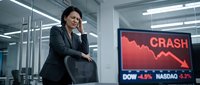 Stressed businesswoman in suit talking on phone during market crash with declining stock charts on monitor in modern office environment.