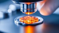 Microscope lens examining orange glowing specimen on glass slide in scientific laboratory, dramatic lighting creates futuristic research atmosphere.