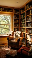 Cozy home library with floor-to-ceiling wooden bookshelves, leather armchair, and large window overlooking trees for reading and study spaces.
