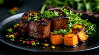 Grilled beef tenderloin medallions with roasted butternut squash cubes on black plate, garnished with fresh herbs and colorful vegetables in dark setting.