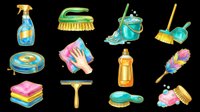 Cleaning supplies and household tools isolated on transparent background, ready for t-shirt designs, clipart, stickers, sublimation and print-on-demand products.