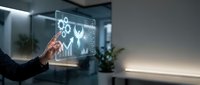 Engineer or technician with dark skin tone interacting with holographic interface displaying industrial symbols, gears, and upward trending graphs in modern office environment.
