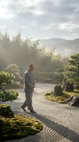Zen Buddhist monk in gray robes meditating in peaceful Japanese rock garden at sunrise with misty mountains and raked sand patterns creating tranquil atmosphere.