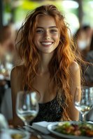 Young woman with long red wavy hair smiling genuinely at restaurant dinner table, wearing black evening dress. Natural warm lighting creates intimate atmosphere.
